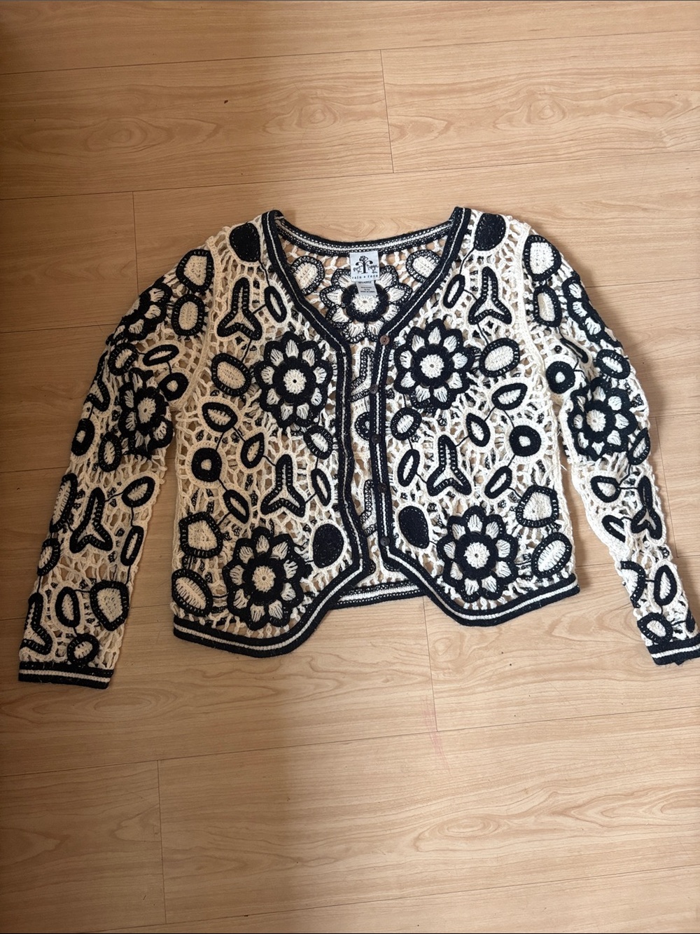 Black and Cream Floral Crochet Cardigan Sweater